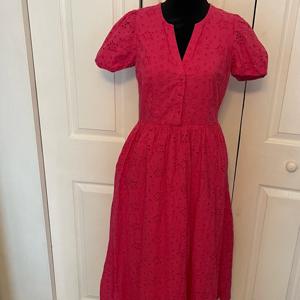 J.Crew Puff Sleeve Eyelet Dress With Side Zipper & Pockets Size 0 - Picture 2 of 5